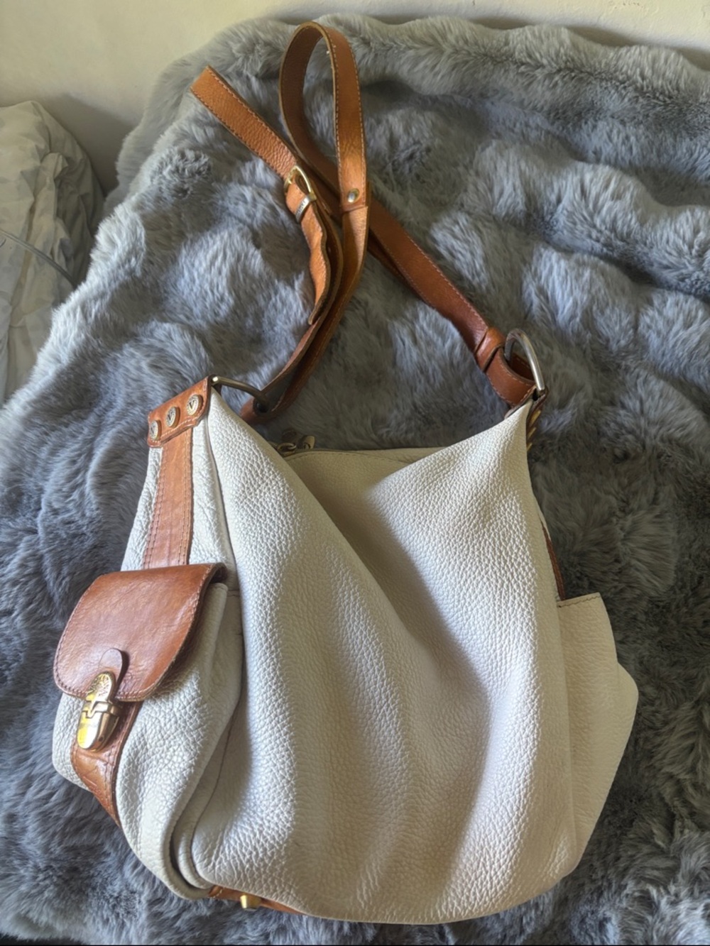 Ivory pebbled leather with cognac leather bag